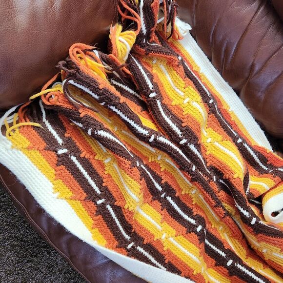Vtg Handmade Afghan Crochet Retro Sofa Cover Diamond Stitch Stripe Blanket 43x71 - Picture 8 of 14